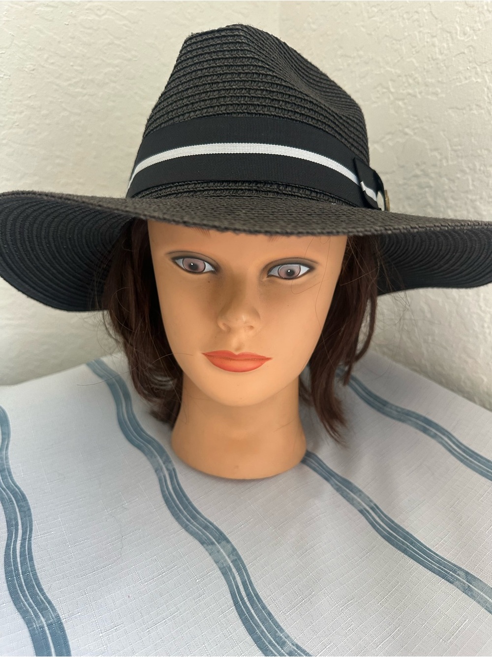 Classic Black Wide-Brim Straw Fedora Hat with Stripe Band